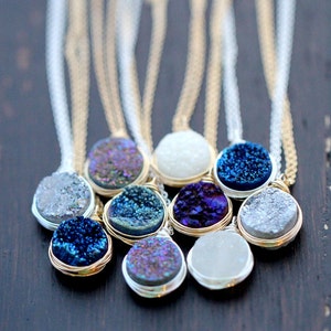 Druzy Necklace Gold Pendant , Sterling Silver or Rose Gold , The Original Bezel Wrapped Pendant , Quartz Gemstone, More Colors