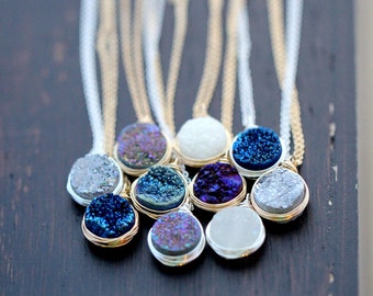 Druzy Necklace Gold Pendant , Sterling Silver or Rose Gold , The Original Bezel Wrapped Pendant , Quartz Gemstone, More Colors