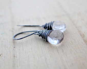 Crystal Dangle Earrings , Oxidized Silver Quartz Drop Earrings , Sterling Jewelry , Clear Gemstone , Minimalist Gifts Under 50