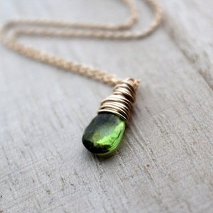 Peridot Necklace In 14K Gold Filled, Wire Wrapped August Birthstone, Apple Green Fall Fashion image 2