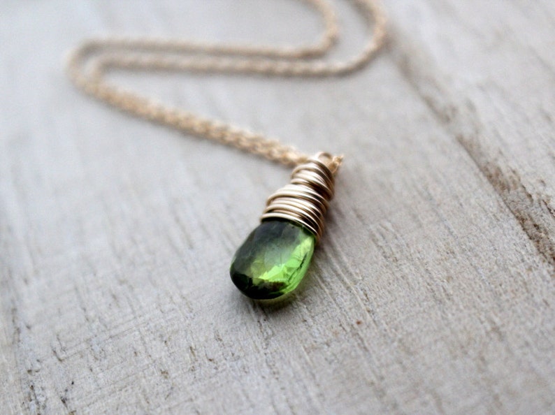 Peridot Necklace In 14K Gold Filled, Wire Wrapped August Birthstone, Apple Green Fall Fashion image 2