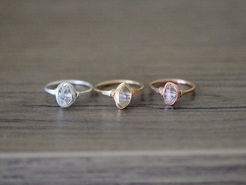 Wire Wrapped Ring Sterling Silver Rose Gold Herkimer Diamond Ring in Gold Double Terminated Quartz Solitaire