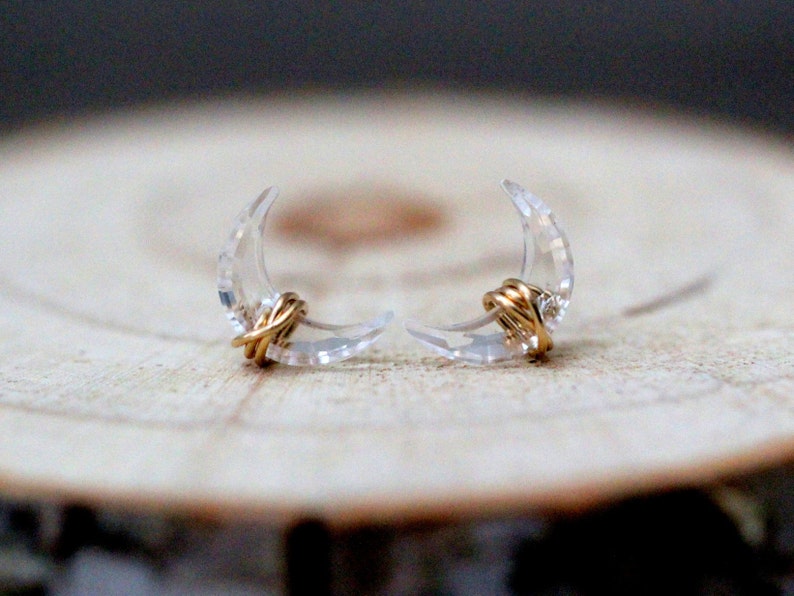 Crescent Moon Stud Earrings , Half Moon Studs, Crystal Quartz Gemstone Post, Gold , Rose Gold , Sterling Silver , Moonbeam image 5