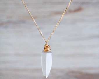 Crystal Point Necklace , Quartz Tooth Pendant Necklace, Gold, Silver, Rose, Brass Layering Long Necklace , Boho Jewelry - Ice Age