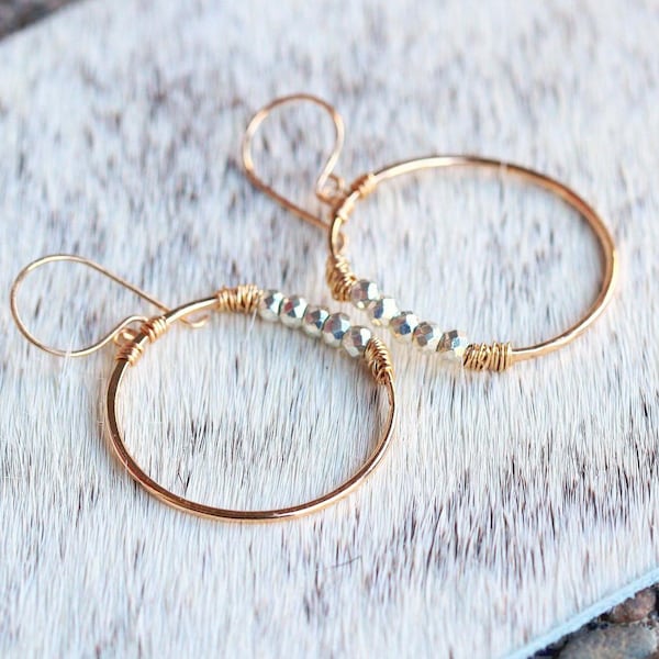 Gold Beaded Hoop Earrings , Pyrite Gemstone Rose Gold , Sterling Silver , Mixed Metal Boho Hoops - Argonaut  ( As Seen on This is Us )