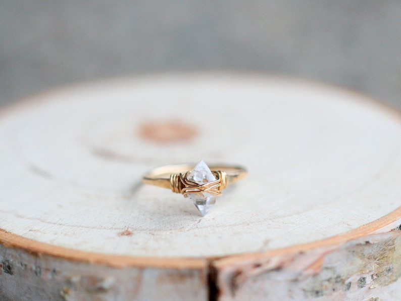 Herkimer Diamond Gold Ring , Boho Wire Wrapped April Birthstone Quartz, Rose Gold, Sterling Silver, Modern Stacking Jewelry image 1