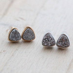 Druzy Triangle Stud Earrings, Platinum Colored Raw Crystal, 14k Gold Filled, Rose, Sterling, Small Geometric Bezel Wrapped