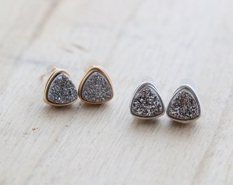 Druzy Triangle Stud Earrings, Platinum Colored Raw Crystal, 14k Gold Filled, Rose, Sterling, Small Geometric Bezel Wrapped