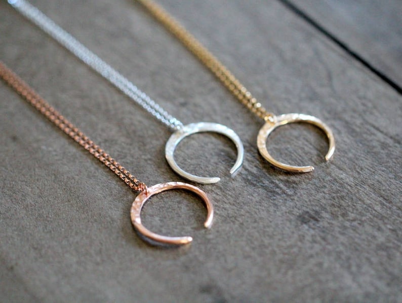 Crescent Moon Necklace, Tusk Necklace, Celestial Half Moon Necklace, Gold, Rose Gold, Sterling Silver, Open Hoop Tilt image 10