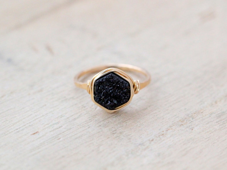 Hexagon Druzy Ring , Black Stacking Gemstone Bezel Wrapped Ring in Silver , Gold , Rose , Geometric Raw Crystal Ring Eclipse image 1