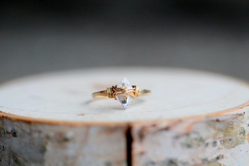 Herkimer Diamond Gold Ring , Boho Wire Wrapped April Birthstone Quartz, Rose Gold, Sterling Silver, Modern Stacking Jewelry image 8