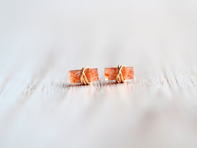 Sunstone Stud Earrings, Baguette Jewelry Gold Tiny Studs, Rose , Sterling Silver, 14k Solid Gold Rectangle Minimalist image 1