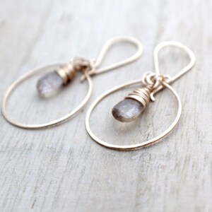 Rutilated Quartz Earrings , Gold Filled Dangle Gemstone Hoops, Rose Gold, Sterling Silver, Hammered Jewelry Angel Face image 2