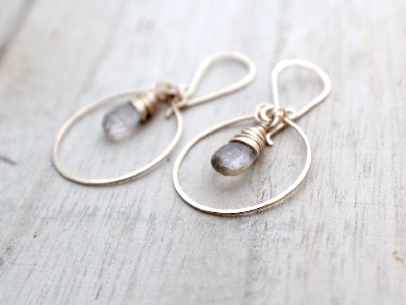 Rutilated Quartz Earrings , Gold Filled Dangle Gemstone Hoops, Rose Gold, Sterling Silver, Hammered Jewelry Angel Face image 2