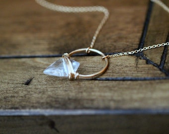 Arrowhead Crystal Necklace, 14k Gold Filled Circle Pendant , Rose, Sterling Silver, Bohemian Quartz Hoop - Albatross  ( As Seen on GG2D )