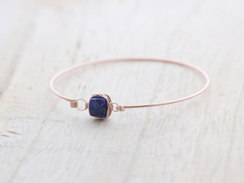 Lapis Lazuli Gold Bracelet , Bezel Wrapped Gemstone Stacking Bangle, 14k Rose Filled, Sterling Silver, Hinge Clasp image 5