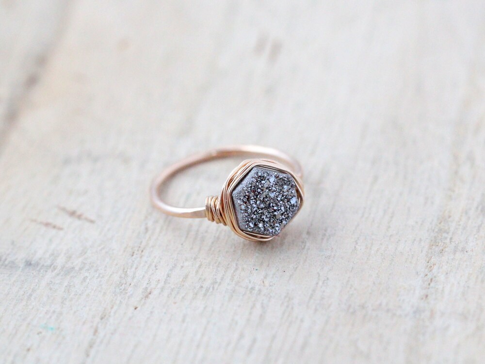 Hexagon Druzy Ring Modern Gemstone Bezel Wrapped Stacking - Etsy