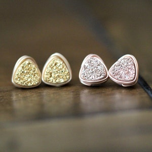 Triangle Druzy Stud Earrings , Geometric Minimalist Studs ,  Wire Wrapped Jewelry , Gold or Rose Gold , Small Things Blog Jewelry