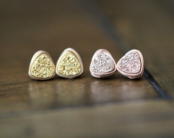 Triangle Druzy Stud Earrings , Geometric Minimalist Studs ,  Wire Wrapped Jewelry , Gold or Rose Gold , Small Things Blog Jewelry