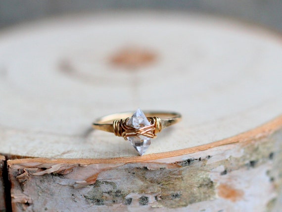 Herkimer Diamond Gold Ring Boho Wire Wrapped April - Etsy