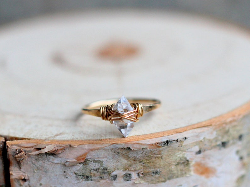 Herkimer Diamond Gold Ring , Boho Wire Wrapped April Birthstone Quartz, Rose Gold, Sterling Silver, Modern Stacking Jewelry image 3