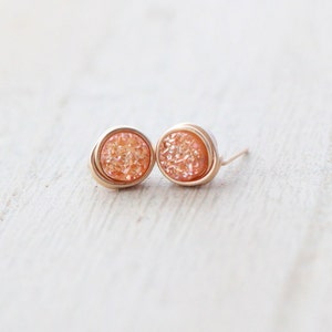 Druzy Gold Studs , Tiny Post Earrings in Gold , Sterling Silver , Rose Gold , Apricot Peach Neutral Micros Clementine image 2