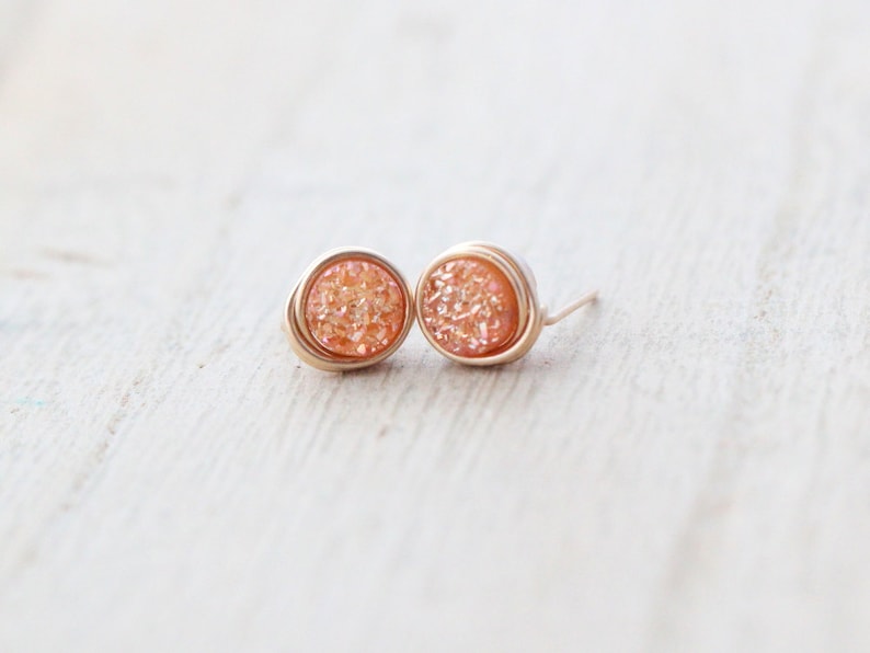 Druzy Gold Studs , Tiny Post Earrings in Gold , Sterling Silver , Rose Gold , Apricot Peach Neutral Micros Clementine image 2