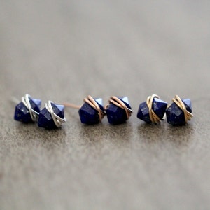 Lapis Lazuli Studs, Lapis Post Earrings, Gold Filled, Dainty Gemstone, Rose Gold, Sterling Silver, Geometric Point Pike image 4