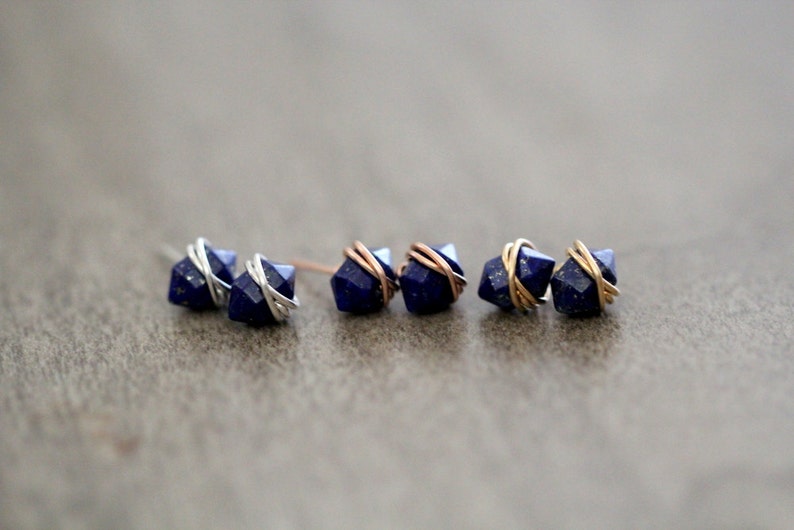 Lapis Lazuli Studs, Lapis Post Earrings, Gold Filled, Dainty Gemstone, Rose Gold, Sterling Silver, Geometric Point Pike image 4