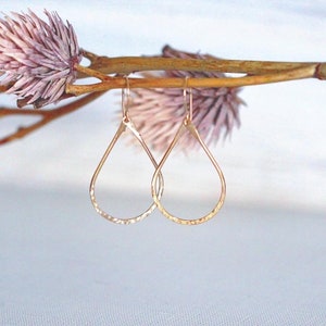 Hammered Teardrop Hoop Earrings, Gold Rose or Silver, Smooth or Textured, Lightweight Hoops