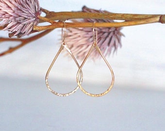 Hammered Teardrop Hoop Earrings, 14k Gold Filled, Rose, Sterling, Choose Your Finish, Lightweight Dangle Jewelry