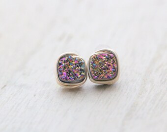 Square Druzy Studs, Rainbow Stud Earrings, Raw Gemstone Earrings, Gold, Rose Gold, Sterling Silver - Unicorn