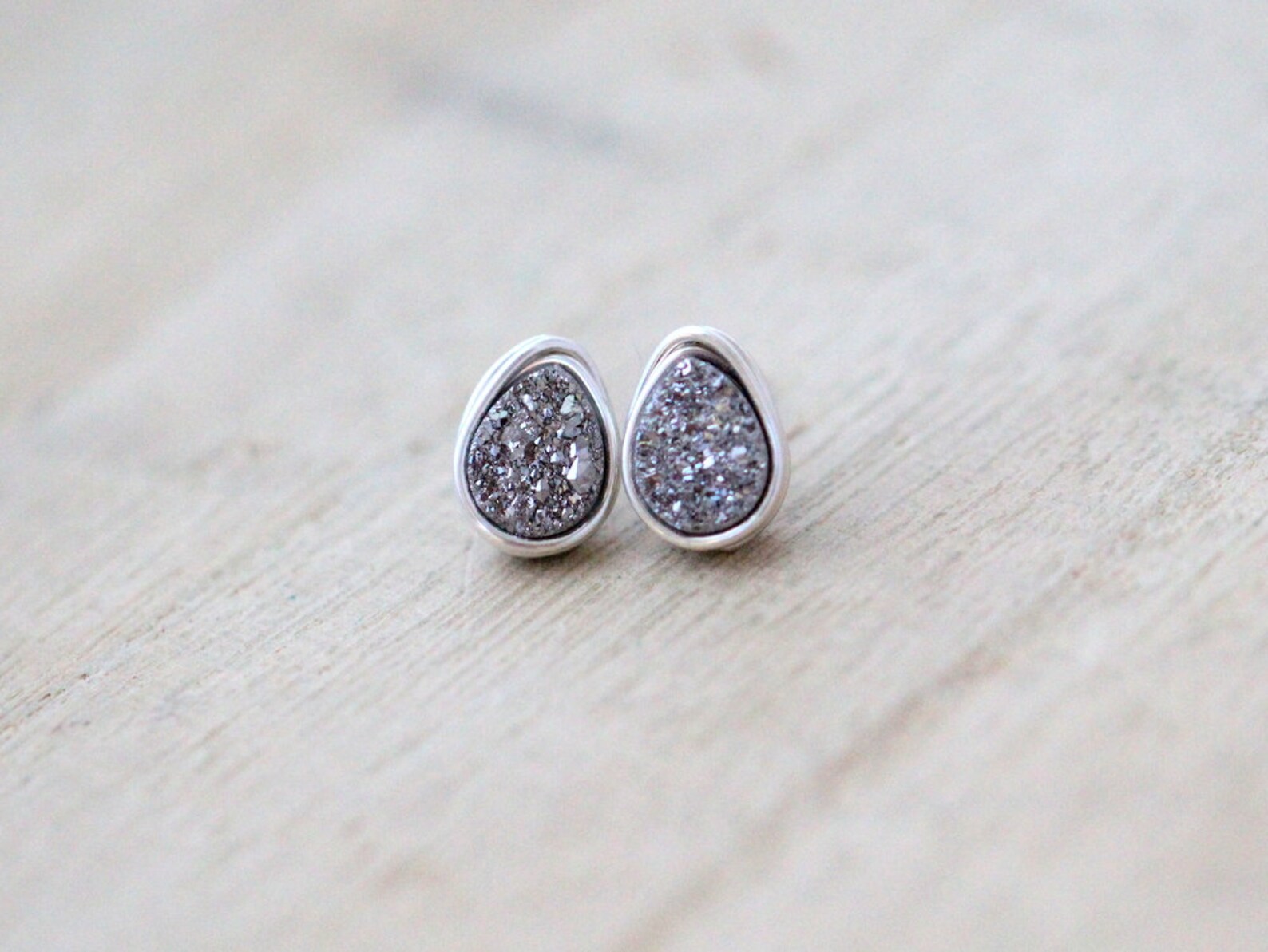 Teardrop Stud Earrings, Silver Druzy Studs, Sterling Silver, Gold ...