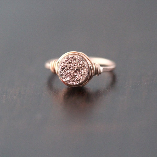 Druzy Ring , Rose Gold Gemstone Quartz , Gilded Handmade Ring in Rose Gold Filled , Wire Wrapped Jewelry