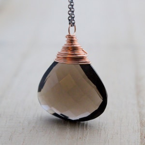 Smoky Quartz Mixed Metal Necklace, Large Smokey Gemstone Pendant, Oxidized Sterling Silver, 14k Rose Gold Filled, Long Chain image 1