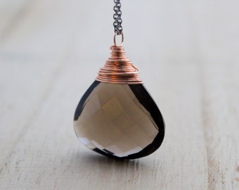 Smoky Quartz Mixed Metal Necklace, Large Smokey Gemstone Pendant, Oxidized Sterling Silver, 14k Rose Gold Filled, Long Chain