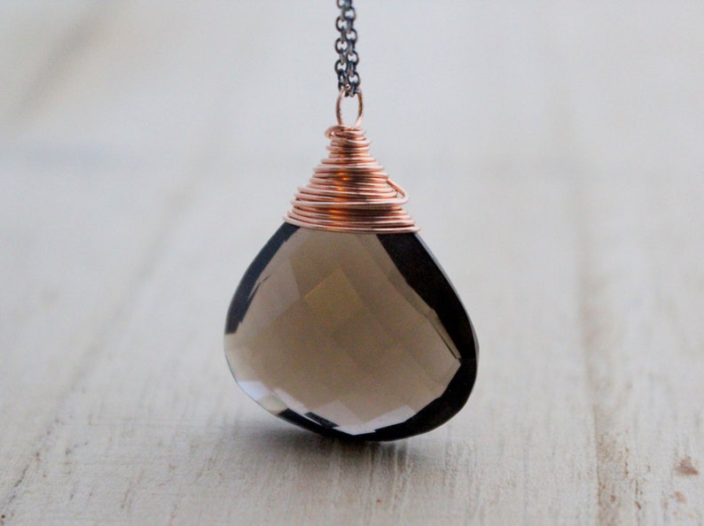 Smoky Quartz Mixed Metal Necklace, Large Smokey Gemstone Pendant, Oxidized Sterling Silver, 14k Rose Gold Filled, Long Chain image 1