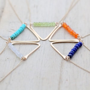 Triangle Gemstone Bar Necklace, Birthstone Choices, Gold Rose or Silver, Hammered Pendant - Trinity
