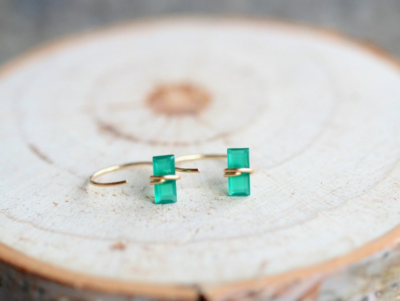 Huggie Hoop Earrings, Emerald Green Onyx Baguette Gemstones, Dainty Little Hug Hoops, 14k Gold Filled, Rose, Sterling Silver, Solid Gold image 3