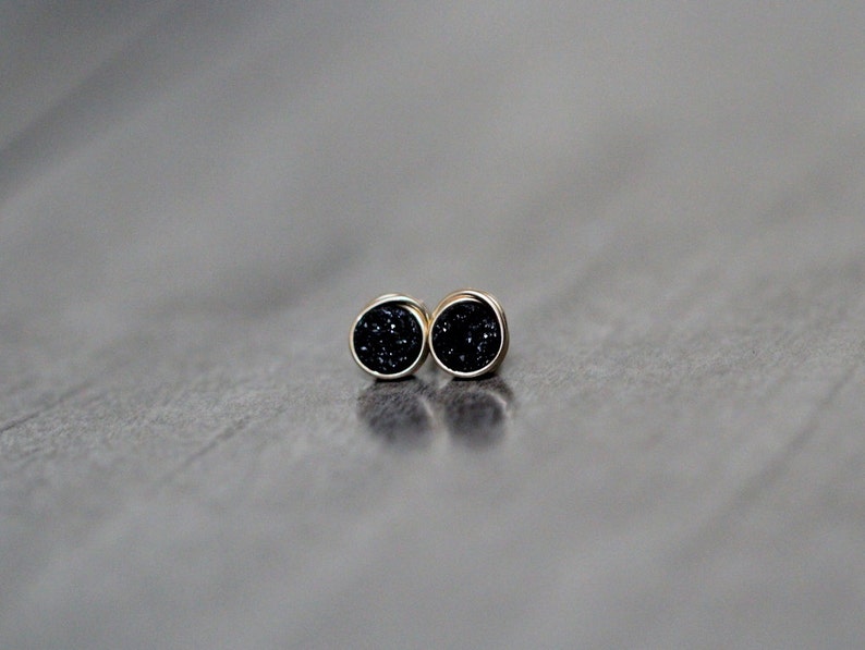 Small Druzy Studs, Druzy Stud Earrings, Black Tiny Post Earrings Gold Rose Sterling Silver, Minimalist Jewelry Gifts Eclipse image 6