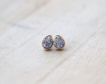 Teardrop Stud Earrings, Silver Druzy Studs, Sterling Silver, Gold Filled, Rose Gold Wire Wrapped, Metallic Gemstone - Platinum