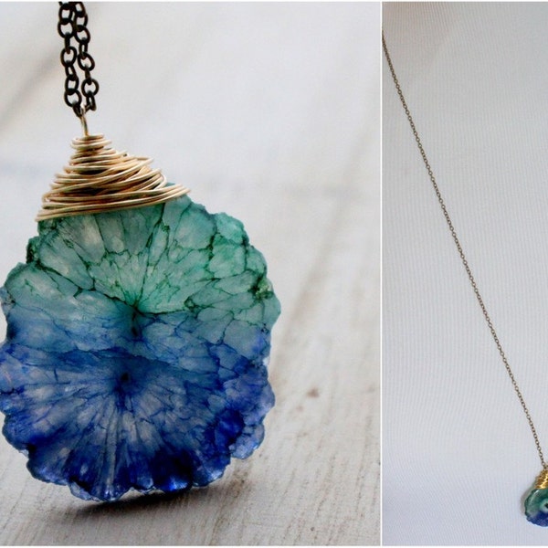 Stalactite Necklace, Blue Green Bi-Color Stone In Brass, Long Mineral Necklace, Fall Fashion - Sail Away