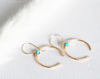 Turquoise Hoop Earrings, Crescent Moon Open Hoops, Gold, Rose Gold, Sterling Silver, December Birthstone Gifts - Caporal Earrings