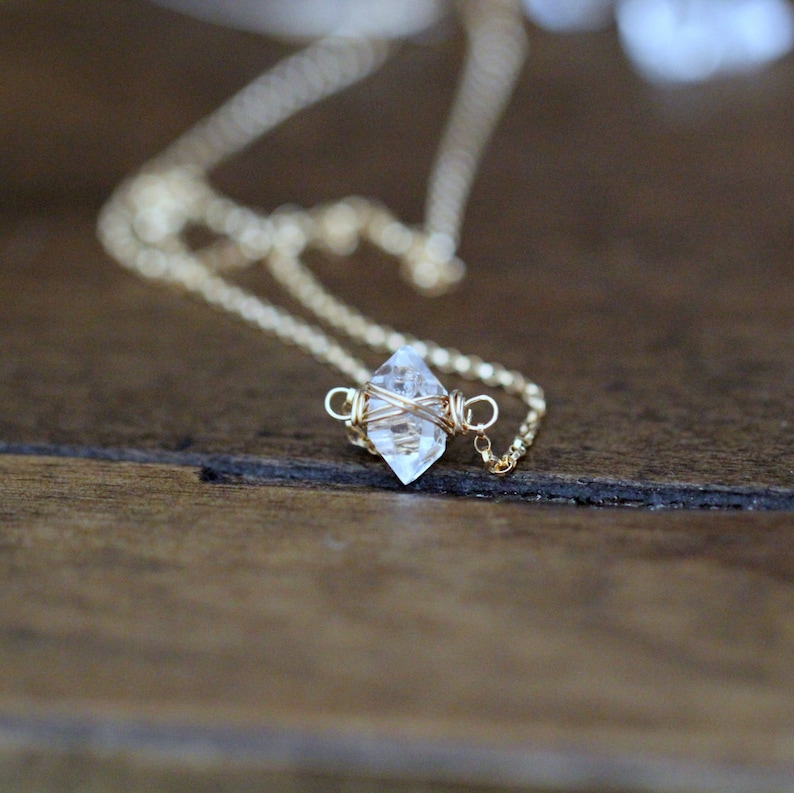 Herkimer Diamond Necklace , Raw Crystal Quartz Jewelry , Minimalist Choker , Choose Your Metal, Boho April Birthstone Gifts - Caged Herkimer 