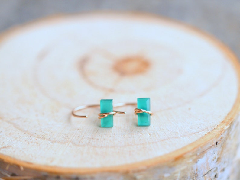 Huggie Hoop Earrings, Emerald Green Onyx Baguette Gemstones, Dainty Little Hug Hoops, 14k Gold Filled, Rose, Sterling Silver, Solid Gold image 5