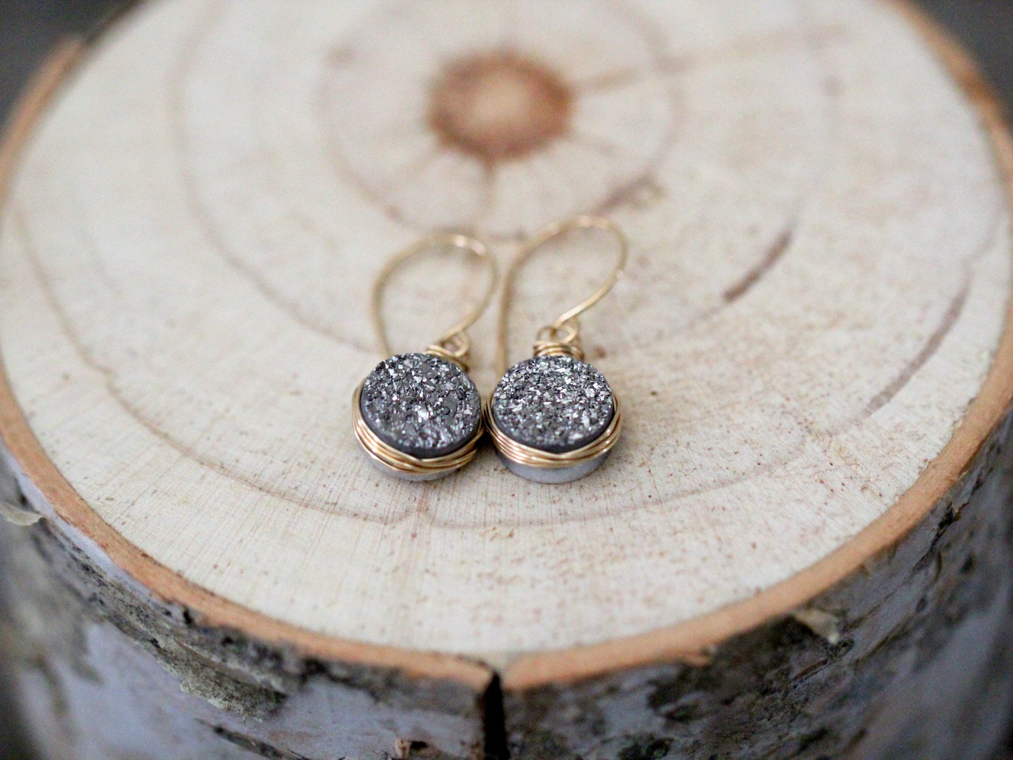 Druzy Drop Earrings, Gold Dangle Drusy, Rose, .925 Sterling Silver, Bezel Wrapped Sparkly Jewelry, Gifts Under 50