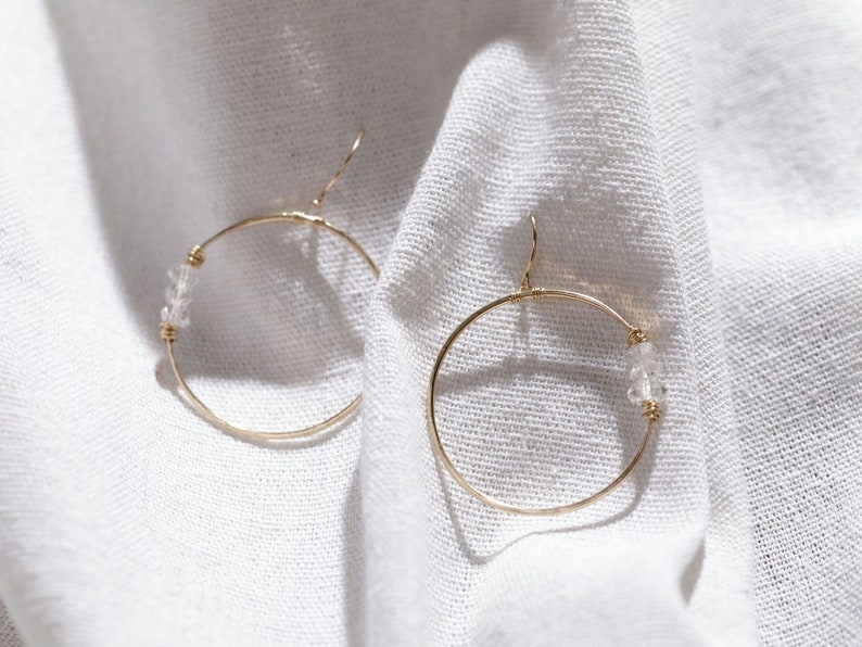 Herkimer Diamond Hoop Earrings, April Birthstone Gold Hoops, Rose Gold, Sterling Silver, Beaded Jewelry, Crystal Statement Earrings Gemini image 10