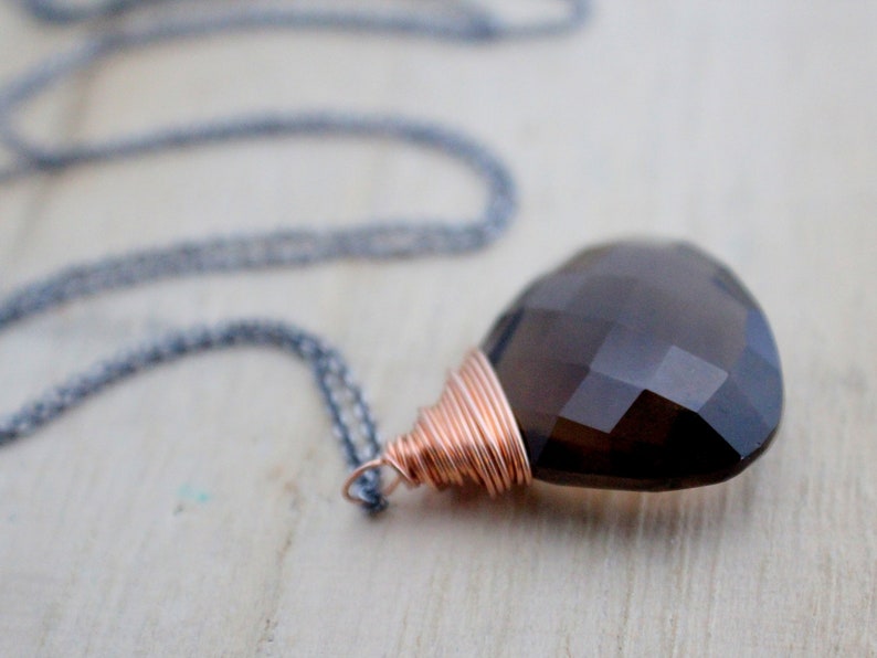 Smoky Quartz Mixed Metal Necklace, Large Smokey Gemstone Pendant, Oxidized Sterling Silver, 14k Rose Gold Filled, Long Chain image 3