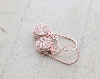 Druzy Dangle Earrings , Gilded Rose Gold Bezel Wrapped Drops , Bezel Wrapped Dainty Elegant Earrings , Bridal Jewelry Gifts