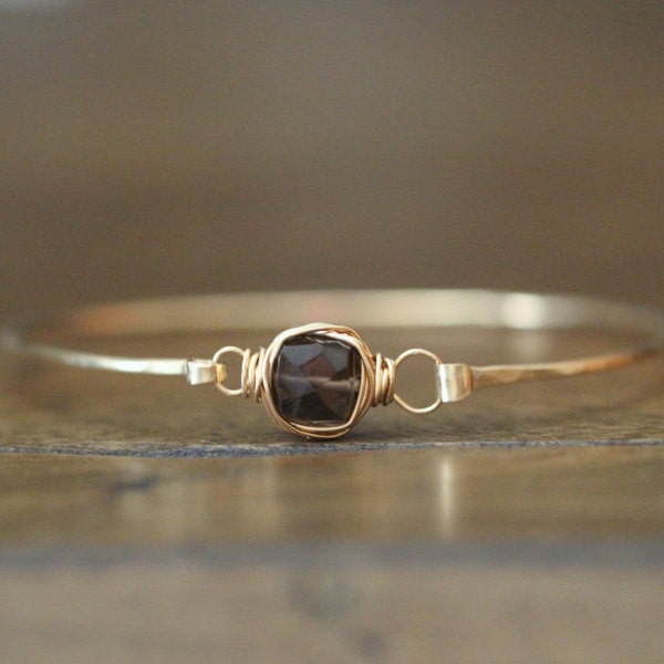 Smoky Quartz Bangle Bracelet, Gemstone Stacking, Bezel Wrapped in 14K Gold Filled , Rose , Sterling Silver , Chocolate Brown , Minimalist